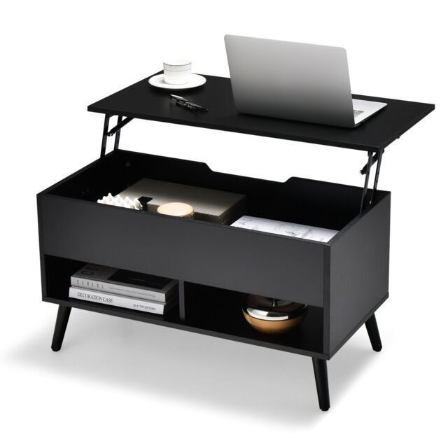 Gymax Lift Top Coffee Table Cocktail Table Center Table With 2 Open Shelves in Black - image 1