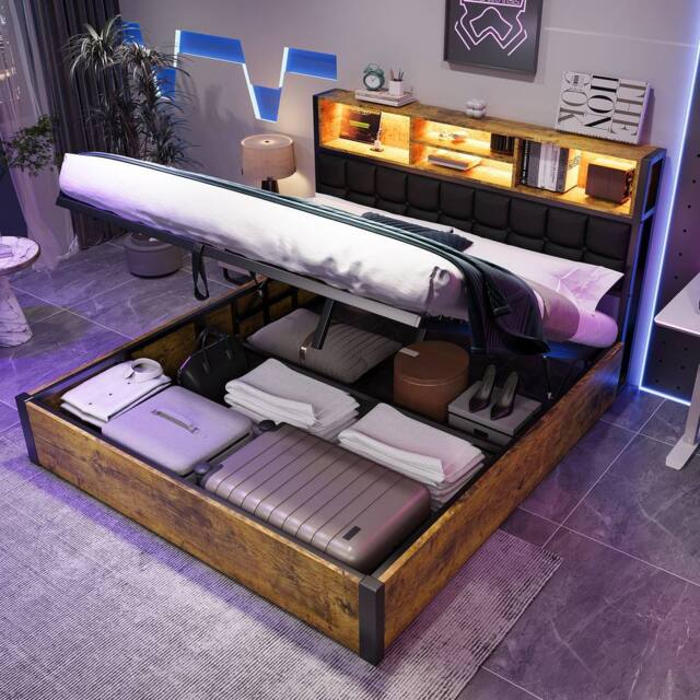 BTM Hydraulic Bed with Charging, LED & Soft Storage Headboard in Dark Brown - Size: Double - image 1
