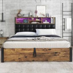 BTM Hydraulic Bed with Charging, LED & Soft Storage Headboard in Dark Brown - Size: Double - thumbnail 6
