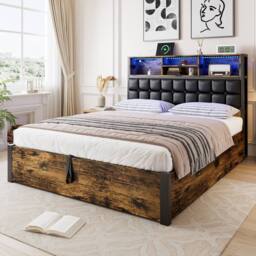 BTM Hydraulic Bed with Charging, LED & Soft Storage Headboard in Dark Brown - Size: Double - thumbnail 5