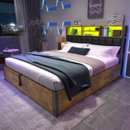 BTM Hydraulic Bed with Charging, LED & Soft Storage Headboard in Dark Brown - Size: Double - thumbnail 2