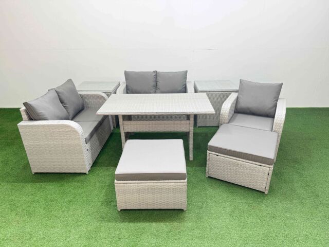 Fimous High Back Poly Rattan Garden Furniture Set w/ Reclining Chair Loveseat Sofa Rectangular Dining Table Indoor Outdoor Patio Set 2 Big Stool 2 - image 1
