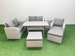 Fimous High Back Poly Rattan Garden Furniture Set w/ Reclining Chair Loveseat Sofa Rectangular Dining Table Indoor Outdoor Patio Set 2 Big Stool 2 - thumbnail 2