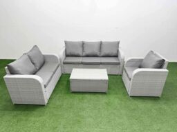 Fimous Patio PE Wicker 6 Seater Outdoor Rattan Furniture Sofa Sets w/ Rectangular Coffee Table Reclining Chair Loveseat Sofa 3 Seater Sofa Light Grey - thumbnail 1