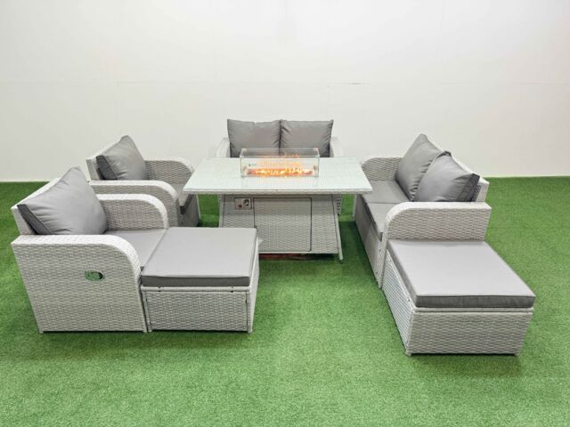 Fimous 8 Seater Outdoor Reclining Chair Love Sofa Set Rattan Garden Furniture Set with Firepit Dining Table 2 Big FootStools Light Grey - image 1