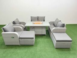 Fimous 8 Seater Outdoor Reclining Chair Love Sofa Set Rattan Garden Furniture Set with Firepit Dining Table 2 Big FootStools Light Grey - thumbnail 2