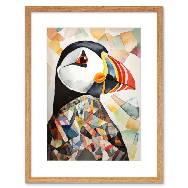 "Artery8 Wall Art Print Puffin Bird Abstract Portrait Folk Artwork Framed 9X7 Inch in Beige - Size: W7"" x H9""" - image 1