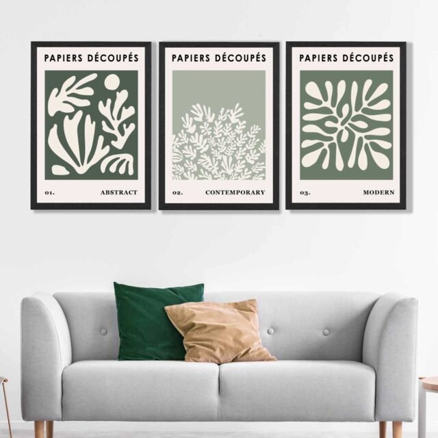 ARTZE Matisse Floral Set of 3 in Green & Sage Wall Art Prints with Black Frame. Size: A2 in Bottle Green - image 1