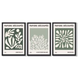 ARTZE Matisse Floral Set of 3 in Green & Sage Wall Art Prints with Black Frame. Size: A2 in Bottle Green - thumbnail 2