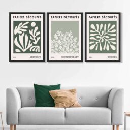 ARTZE Matisse Floral Set of 3 in Green & Sage Wall Art Prints with Black Frame. Size: A2 in Bottle Green - thumbnail 1