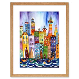 "Artery8 Wall Art Print Canal Area Folk Art Watercolour Painting Artwork Framed 9X7 Inch in Beige - Size: W7"" x H9""" - thumbnail 1
