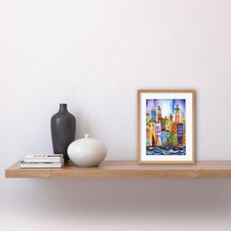 "Artery8 Wall Art Print Canal Area Folk Art Watercolour Painting Artwork Framed 9X7 Inch in Beige - Size: W7"" x H9""" - thumbnail 2