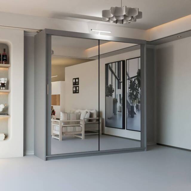 Sliding Wardrobes 4U Modern Mirror Sliding Wardrobe with Top LED Light W120cm x H217cm in Grey - image 1
