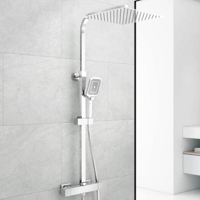 Hinsinc 300mm Thermostatic Twin Head Square Chrome Rain Shower Set in Silver - Size: 180 cm width x 180 cm drop - image 1