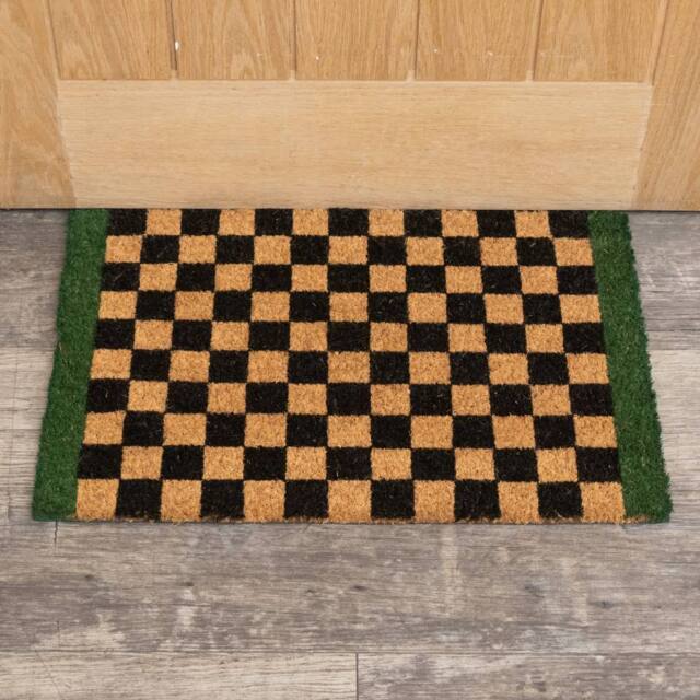 Melody Maison Rectangular Checkered Coir Door Mat With Solid Green Border in Light Brown - image 1