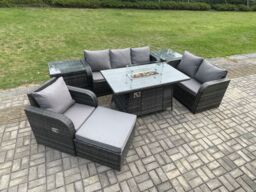 Fimous Garden Patio Furniture Wicker Rattan Gas Fire Pit Table & Sofa Chair set with 2 Side Tables Big Footstool in Dark Grey - thumbnail 3