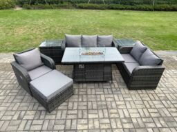 Fimous Garden Patio Furniture Wicker Rattan Gas Fire Pit Table & Sofa Chair set with 2 Side Tables Big Footstool in Dark Grey - thumbnail 1