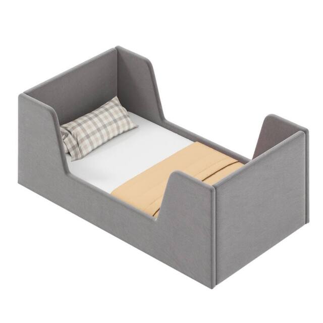 Costway Toddler Bed Frame Upholstered Kid Floor Bed w/Safety Rails & Headboard in Grey - image 1