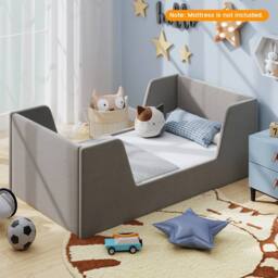 Costway Toddler Bed Frame Upholstered Kid Floor Bed w/Safety Rails & Headboard in Grey - thumbnail 5