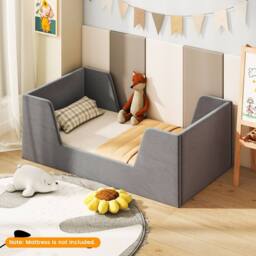Costway Toddler Bed Frame Upholstered Kid Floor Bed w/Safety Rails & Headboard in Grey - thumbnail 4