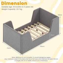 Costway Toddler Bed Frame Upholstered Kid Floor Bed w/Safety Rails & Headboard in Grey - thumbnail 2