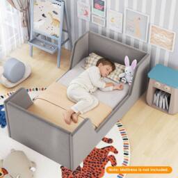 Costway Toddler Bed Frame Upholstered Kid Floor Bed w/Safety Rails & Headboard in Grey - thumbnail 6