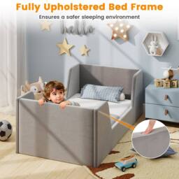 Costway Toddler Bed Frame Upholstered Kid Floor Bed w/Safety Rails & Headboard in Grey - thumbnail 9
