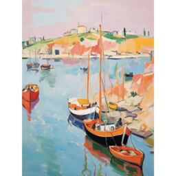 "Artery8 Wall Art Print Boats in Harbour Fishing Village Coastal Landscape Colourful Abstract Watercolour Painting Poster in Blue - Size: W12"" x H16""" - thumbnail 1