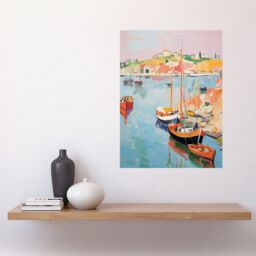"Artery8 Wall Art Print Boats in Harbour Fishing Village Coastal Landscape Colourful Abstract Watercolour Painting Poster in Blue - Size: W12"" x H16""" - thumbnail 2