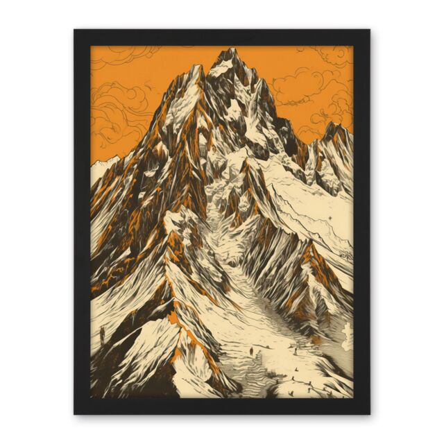 "Artery8 Wall Art Print K2 Mountain Peak Summit Climbers White & Orange Large Framed Wall Décor Art - Size: W18"" x H24""" - image 1