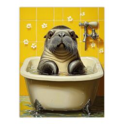 "Artery8 Cute Walrus Yellow Bathroom Bathtub Bath Time Wall Art Print - Size: W18"" x H24""" - thumbnail 1