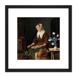 Artery8 Metsu Woman Eating Known As The Cats Breakfast 8X8 Inch Square Wooden Framed Wall Art Print Picture with Mount in Black - thumbnail 1
