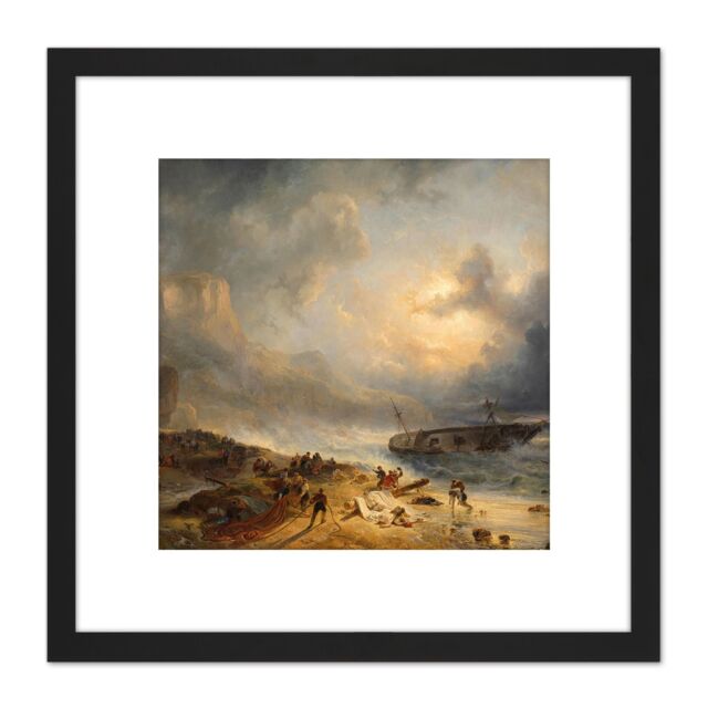 Artery8 Nuijen Shipwreck Off-A Rocky Coast 8X8 Inch Square Wooden Framed Wall Art Print Picture with Mount in Black - image 1