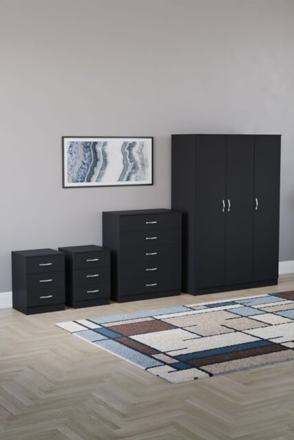 Home Discount Vida Designs 4Pc Bedroom Set 2x3Drawer Bedside, 5Drawer, 3 Dr Wardrobe in Black - image 1