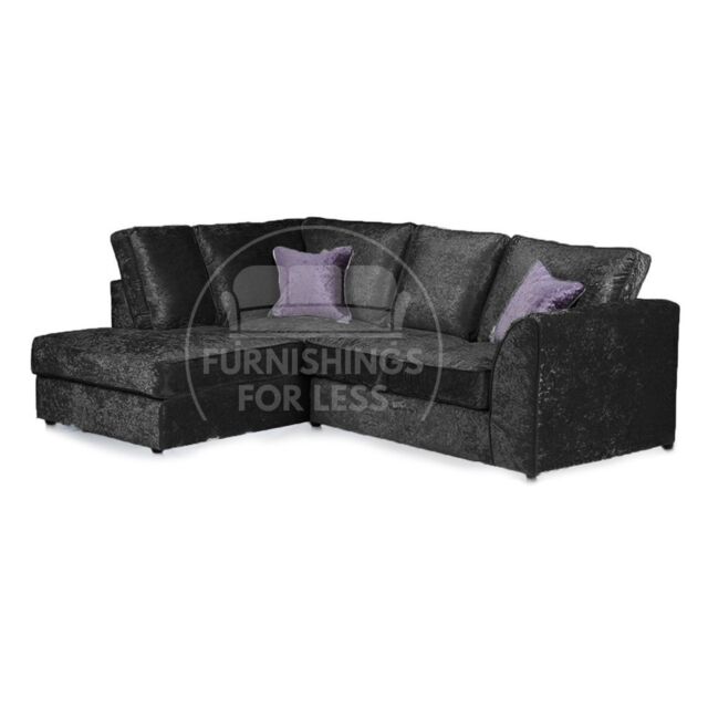 Furnishings For Less UK Crystal Crushed Velvet 3 to 4 Seater L Shaped Corner Sofa Left Hand Facing in Black - image 1