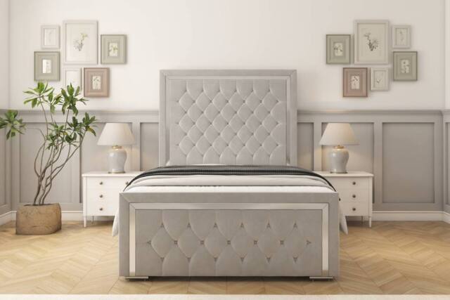 "Sloomy Sofia Chrome Plush Bed Frame With 50"" Upholstered Headboard in Silver - Size: Double" - image 1