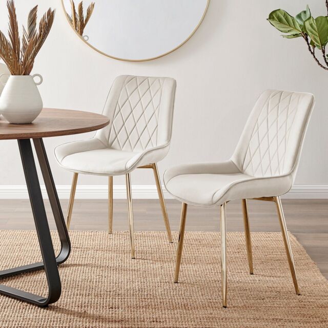 FurnitureboxUK Set of 2 Pesaro Luxury Soft Touch Diamond Pattern Velvet Dining Chairs With Gold Chrome Metal Legs in Cream - image 1