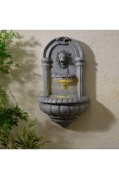 Teamson Home Lion Head Wall-Mounted Garden Fountain LED Lighting, Natural Stone in Grey - thumbnail 2