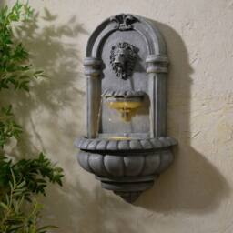 Teamson Home Lion Head Wall-Mounted Garden Fountain LED Lighting, Natural Stone in Grey - thumbnail 3