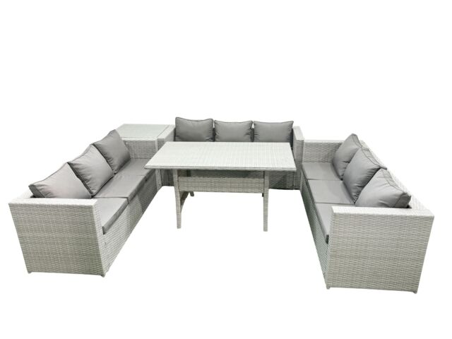 Fimous Rattan Garden Outdoor Furniture Set 9 Seater Garden Sofa Rectangulr Dining Table Set with Side Table Light Grey Mixed - image 1