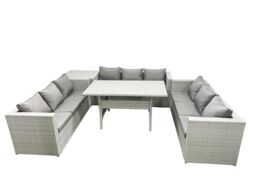 Fimous Rattan Garden Outdoor Furniture Set 9 Seater Garden Sofa Rectangulr Dining Table Set with Side Table Light Grey Mixed - thumbnail 1