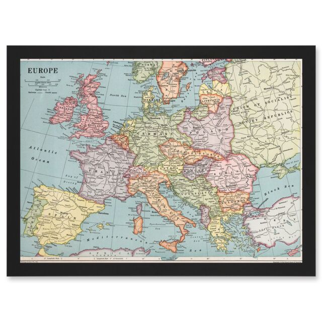 Artery8 Whitney-Graham 1930 Europe Political Map Artwork Framed Wall Art Print A4 in Black - image 1