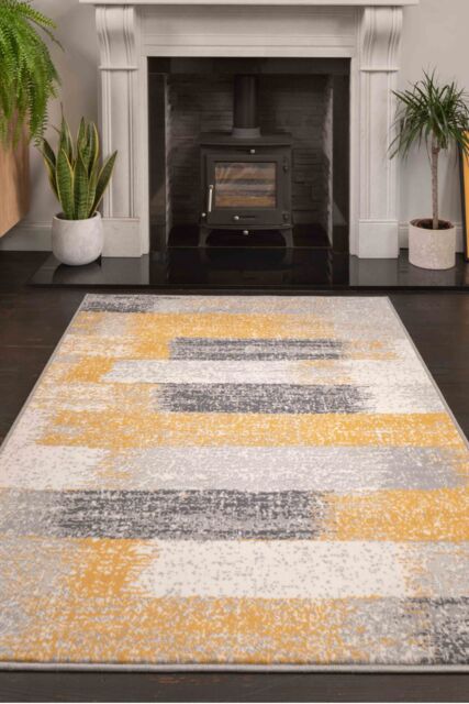 Kukoon Yellow Ochre Grey Distressed Striped Geometric patchwork Living room Area Rugs & Runner - Size: 80 cm x 150 cm - image 1