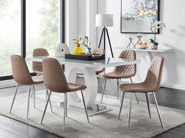 FurnitureboxUK Giovani 6-Seater Grey Glass Dining Table & 6 Corona Faux Leather Dining Chairs in Beige - image 1