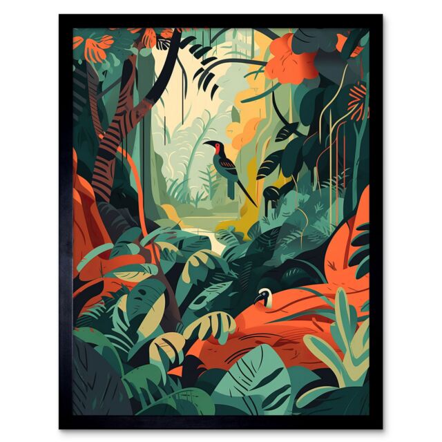 "Artery8 Wall Art Print Amazon Rainforest Diverse Flora & Tropical Birds Art Framed in Black - Size: W12"" x H16""" - image 1