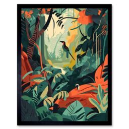 "Artery8 Wall Art Print Amazon Rainforest Diverse Flora & Tropical Birds Art Framed in Black - Size: W12"" x H16""" - thumbnail 1