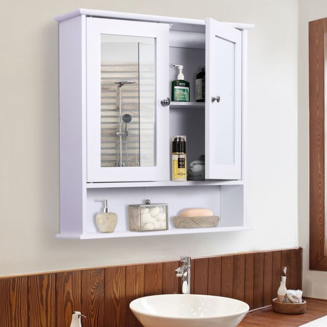 Kleankin Wall mounted Bathroom Cabinet Mirror Door Organiser Storage in White - image 1