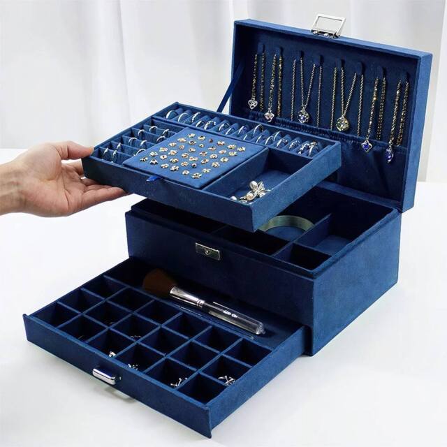 PAWNORA 3 Tiers Large Jewellery Boxes BLUE - image 1