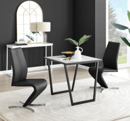 FurnitureboxUK Carson White Marble Effect Square Dining Table & 2 Faux Leather Willow Chairs in Black