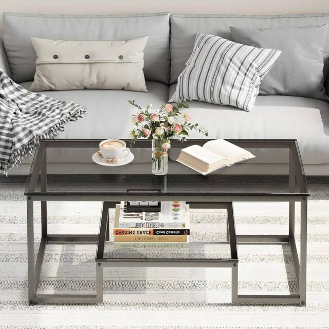 Huhote Modern Coffee Table Grey Glass 39.3 x 18.8 x 17.7 IN - image 1